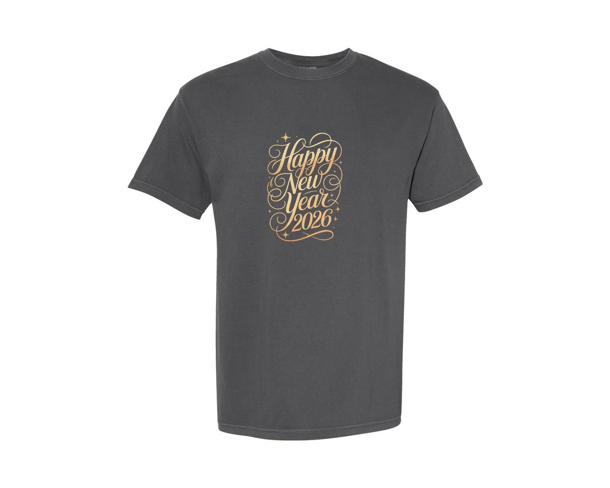 brand:Comfort Colors|color:Pepper|Luxury Happy New Year 2026 Calligraphy Graphic T-Shirt