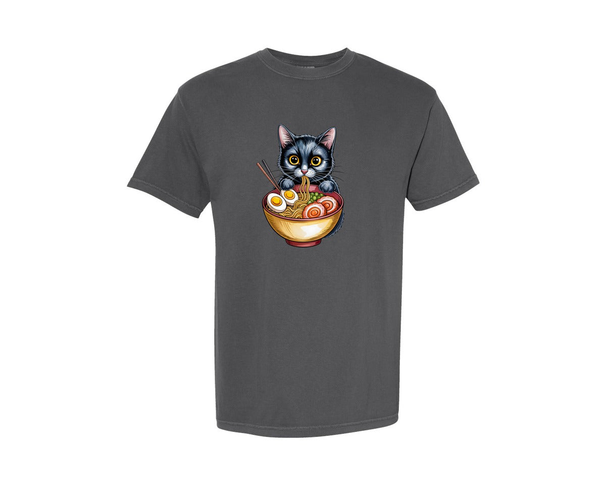 brand:Comfort Colors|color:Pepper|Black Cat Eating Ramen Bowl Graphic T-Shirt