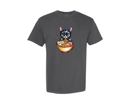 brand:Comfort Colors|color:Pepper|Black Cat Eating Ramen Bowl Graphic T-Shirt