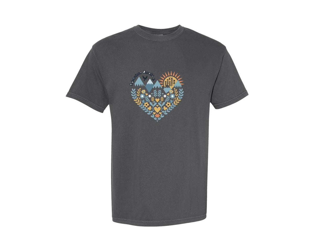 brand:Comfort Colors|color:Pepper|Adventure Awaits Heart Shaped Design Graphic T-Shirt