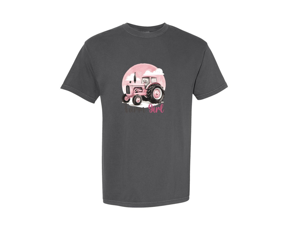 brand:Comfort Colors|color:Pepper|Farm Girl Pink Tractor Graphic T-Shirt