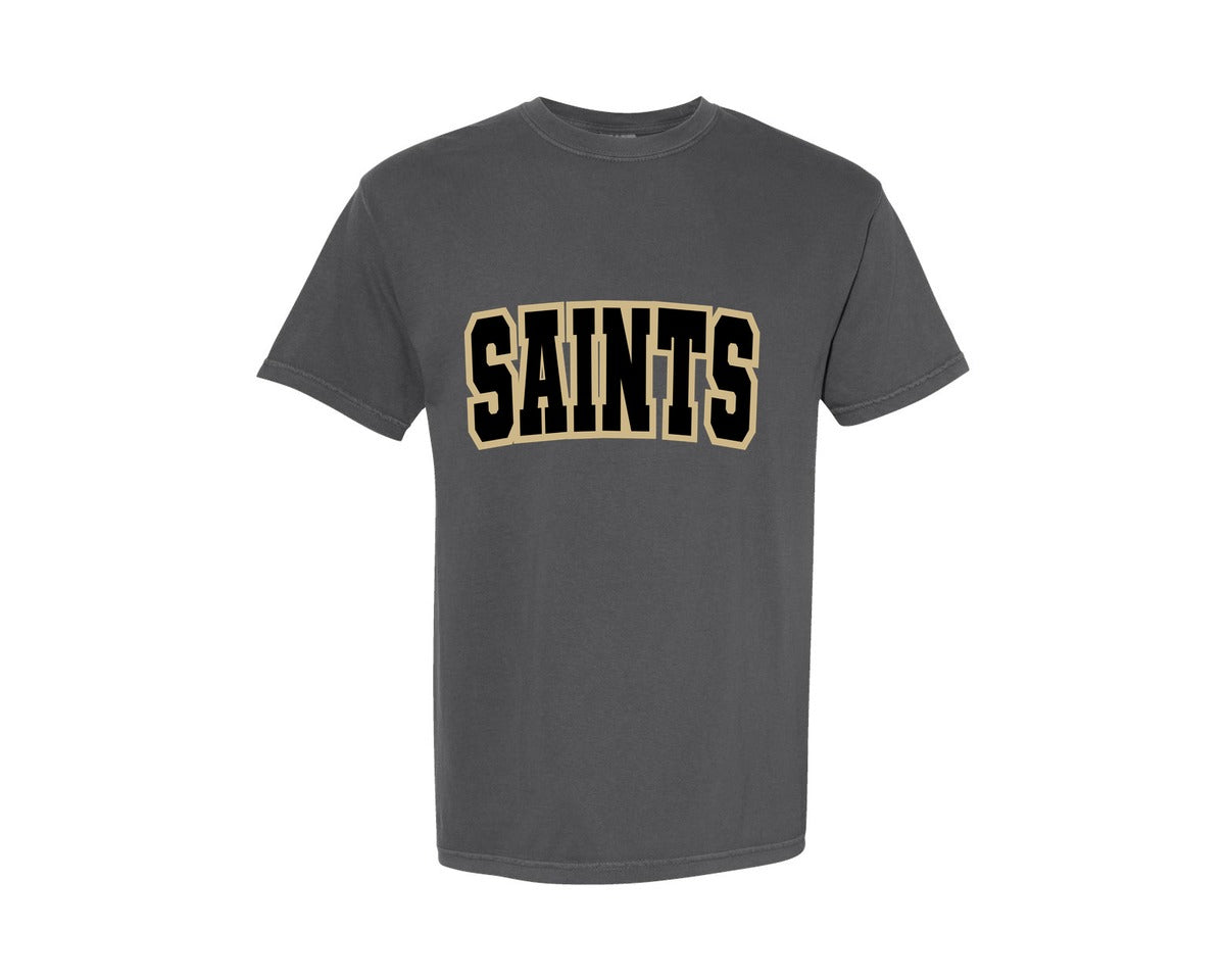 brand:Comfort Colors|color:Pepper|Saints Varsity Black And Gold Graphic T-Shirt