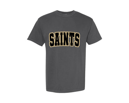 brand:Comfort Colors|color:Pepper|Saints Varsity Black And Gold Graphic T-Shirt
