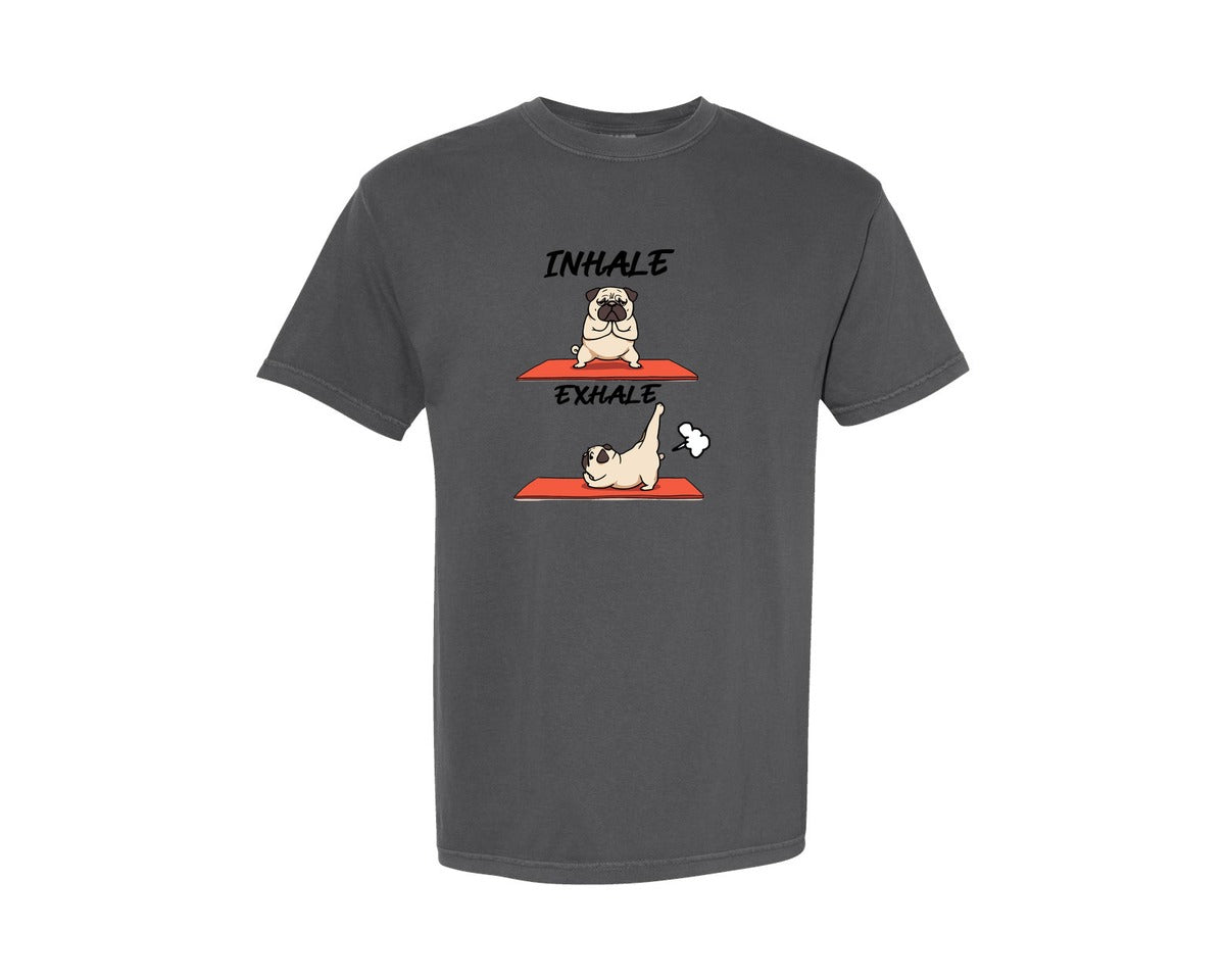 brand:Comfort Colors|color:Pepper|Inhale Exhale Pug Yoga Funny Dog Graphic T-Shirt