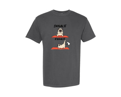 brand:Comfort Colors|color:Pepper|Inhale Exhale Pug Yoga Funny Dog Graphic T-Shirt
