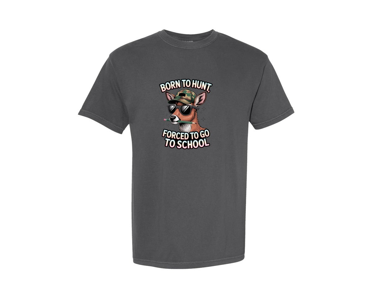 brand:Comfort Colors|color:Pepper|Born To Hunt Forced To Go To School Subl Graphic T-Shirt