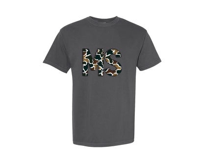 brand:Comfort Colors|color:Pepper|Camo Ms Mississippi State Abbreviation Graphic T-Shirt