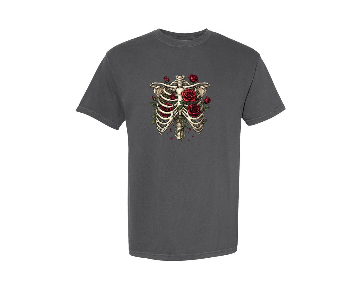 brand:Comfort Colors|color:Pepper|Gothic Skeleton Roses Valentine Graphic T-Shirt