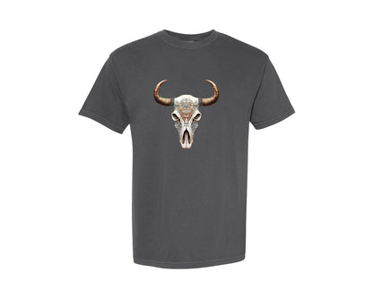 brand:Comfort Colors|color:Pepper|Western Bull Skull Longhorn Graphic T-Shirt