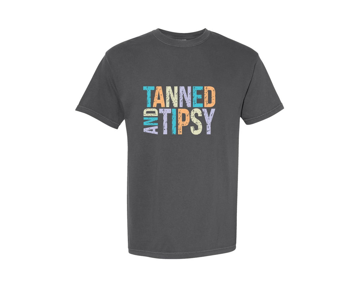 brand:Comfort Colors|color:Pepper|Tanned And Tipsy Sunshine Graphic T-Shirt