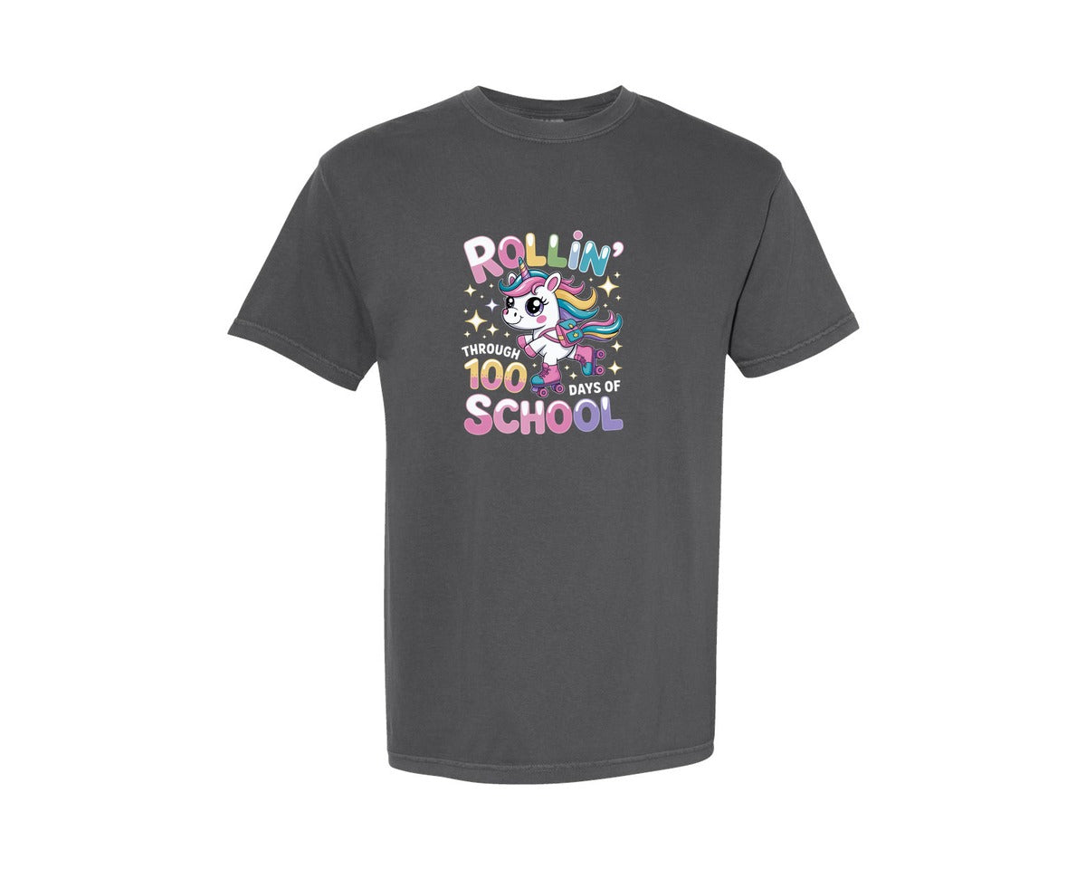 brand:Comfort Colors|color:Pepper|Rollin Through 100 Days Unicorn Graphic T-Shirt