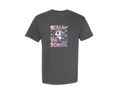brand:Comfort Colors|color:Pepper|Rollin Through 100 Days Unicorn Graphic T-Shirt