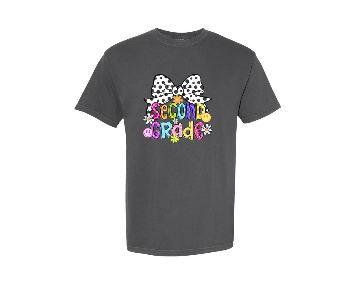 brand:Comfort Colors|color:Pepper|Grade School Neon Checkered Bow Graphic T-Shirt