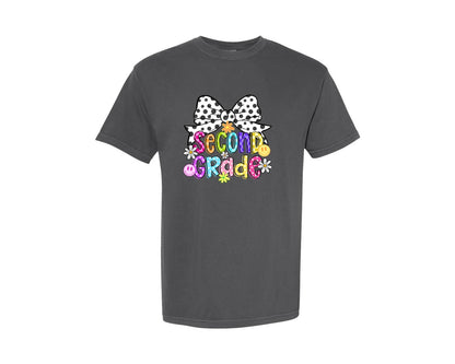brand:Comfort Colors|color:Pepper|Grade School Neon Checkered Bow Graphic T-Shirt