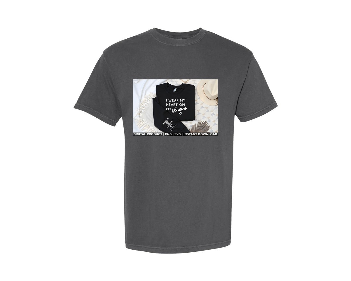 brand:Comfort Colors|color:Pepper|I Wear My Heart On My Sleeve Kids Names Graphic T-Shirt