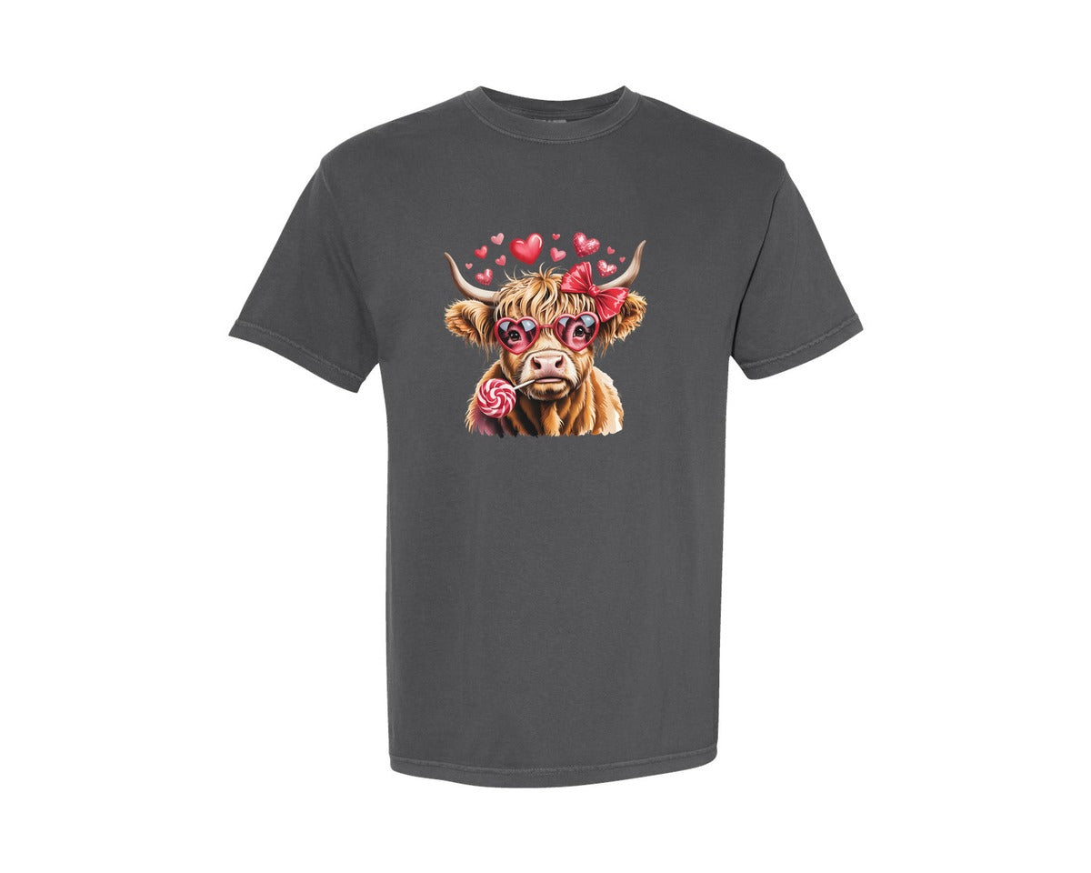 brand:Comfort Colors|color:Pepper|Valentines Day Funny Highland Cow Graphic T-Shirt