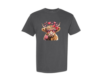 brand:Comfort Colors|color:Pepper|Valentines Day Funny Highland Cow Graphic T-Shirt