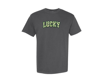 brand:Comfort Colors|color:Pepper|Lucky Clover Faux Yarn Lettering Graphic T-Shirt
