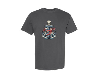 brand:Comfort Colors|color:Pepper|Anchor With Bird Skull And American Flag Graphic T-Shirt