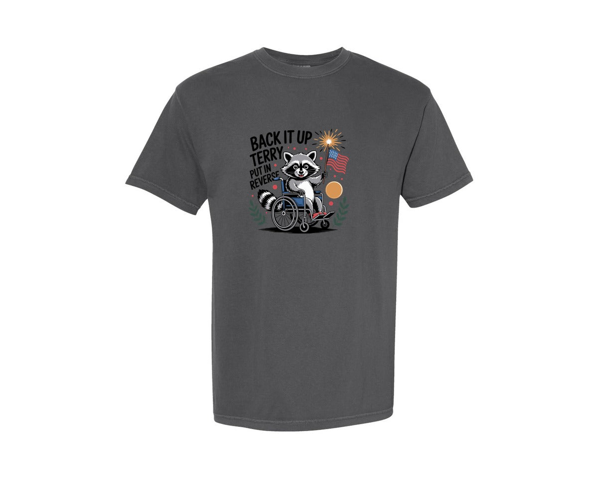 brand:Comfort Colors|color:Pepper|Patriotic Raccoon In Wheelchair And Flag Graphic T-Shirt
