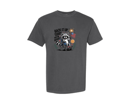 brand:Comfort Colors|color:Pepper|Patriotic Raccoon In Wheelchair And Flag Graphic T-Shirt