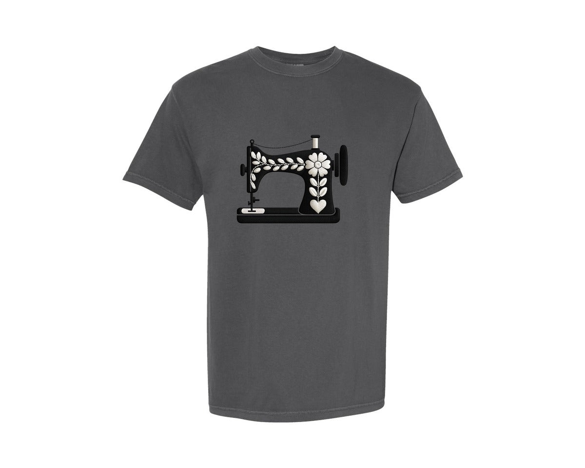 brand:Comfort Colors|color:Pepper|Black Floral Sewing Machine Graphic T-Shirt