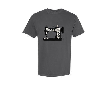 brand:Comfort Colors|color:Pepper|Black Floral Sewing Machine Graphic T-Shirt