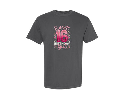 brand:Comfort Colors|color:Pepper|Birthday Girl Faux Yarn Floral Shirt Graphic T-Shirt