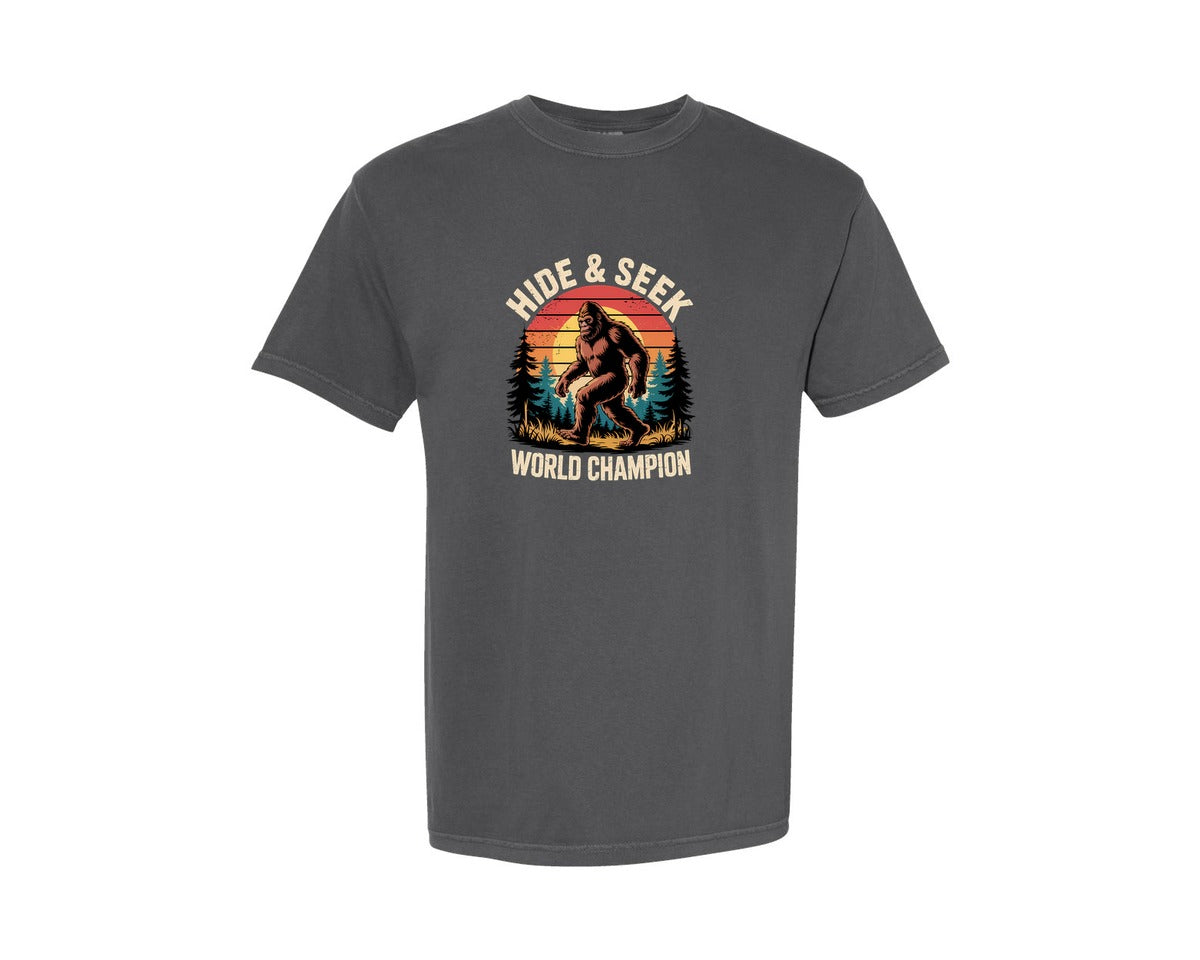 brand:Comfort Colors|color:Pepper|Funny Bigfoot Hide Seek Champion Graphic T-Shirt