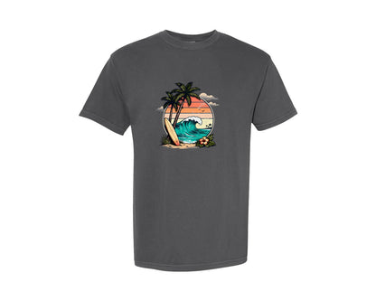 brand:Comfort Colors|color:Pepper|Retro Surf Sunset Beach Palm Tree Graphic T-Shirt