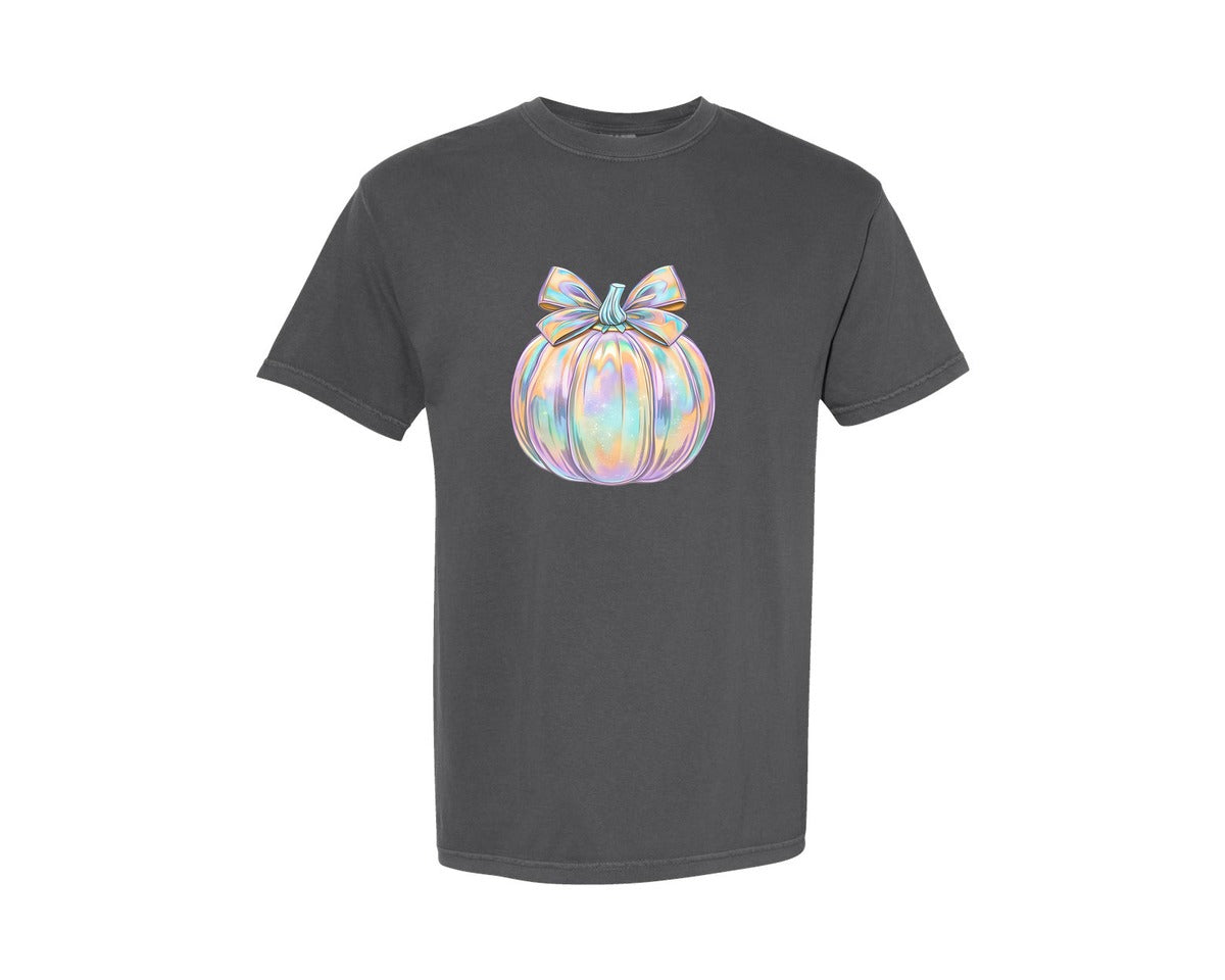brand:Comfort Colors|color:Pepper|Iridescent Fall Pumpkin Coquette Graphic T-Shirt