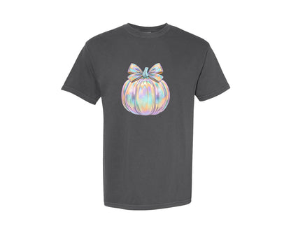 brand:Comfort Colors|color:Pepper|Iridescent Fall Pumpkin Coquette Graphic T-Shirt