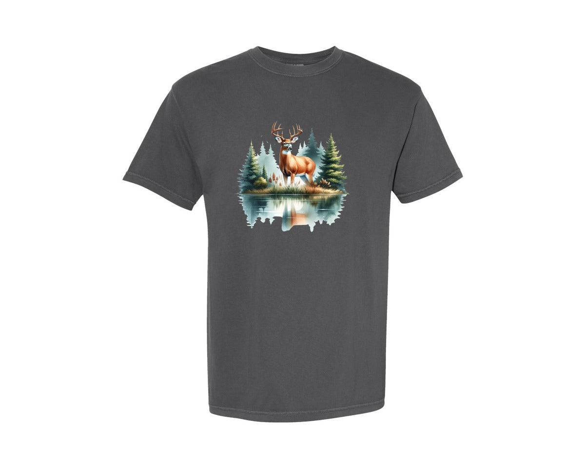 brand:Comfort Colors|color:Pepper|Buck Deer Forest Lake Reflection Graphic T-Shirt