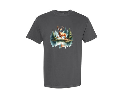 brand:Comfort Colors|color:Pepper|Buck Deer Forest Lake Reflection Graphic T-Shirt