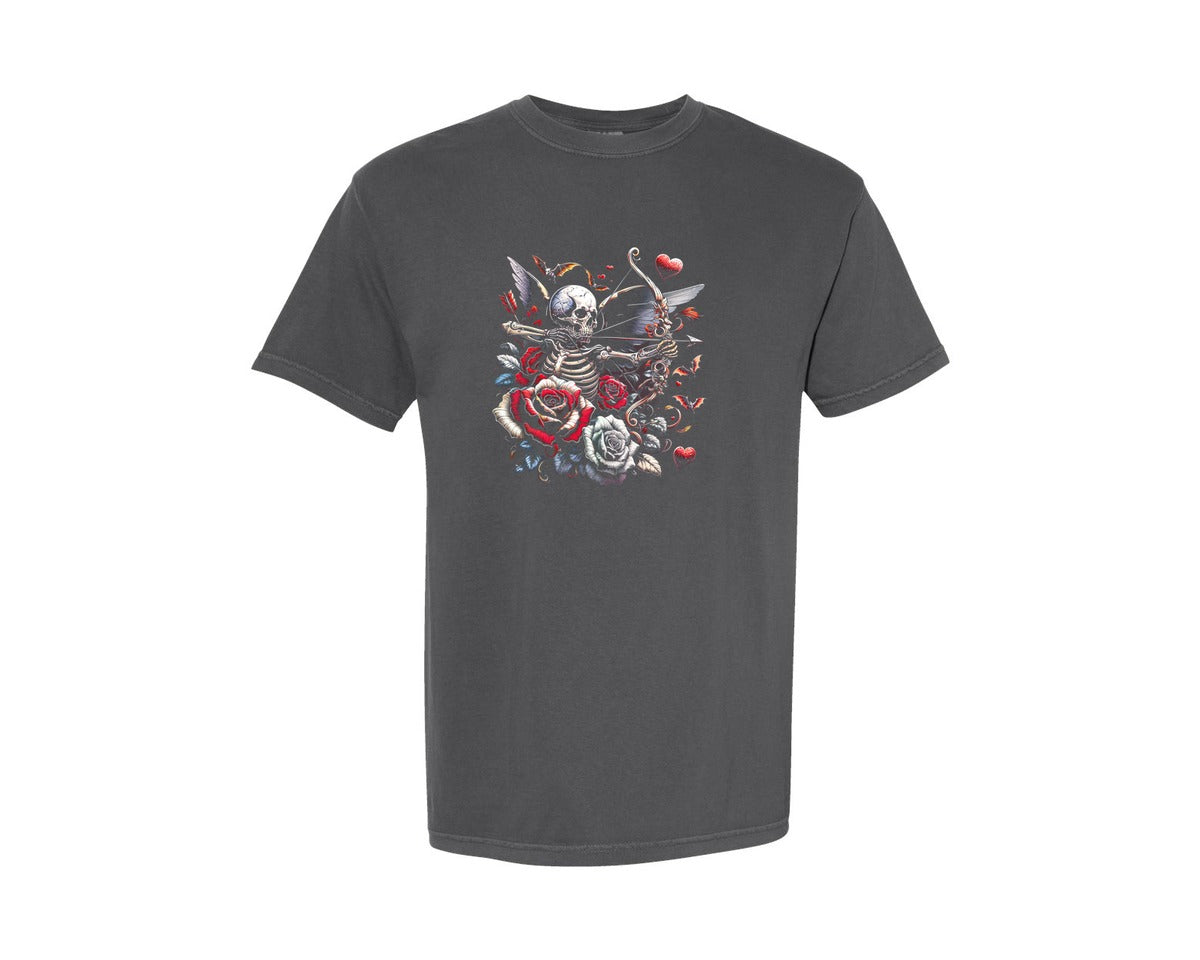brand:Comfort Colors|color:Pepper|Gothic Skeleton Cupid With Roses And Bat Graphic T-Shirt