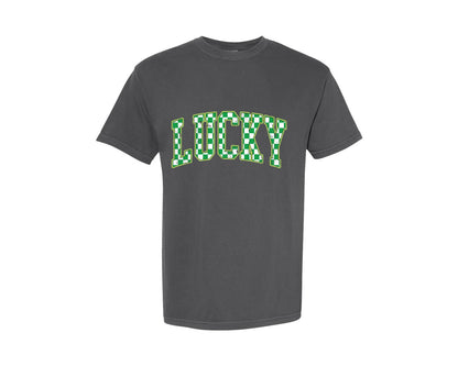 brand:Comfort Colors|color:Pepper|Lucky St Patricks Checkered Varsity Graphic T-Shirt