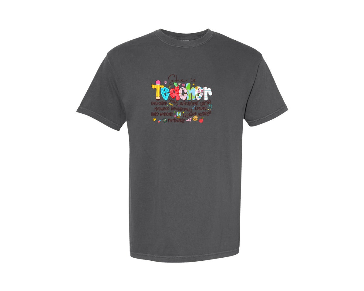 brand:Comfort Colors|color:Pepper|She Is Teacher Christian Graphic T-Shirt