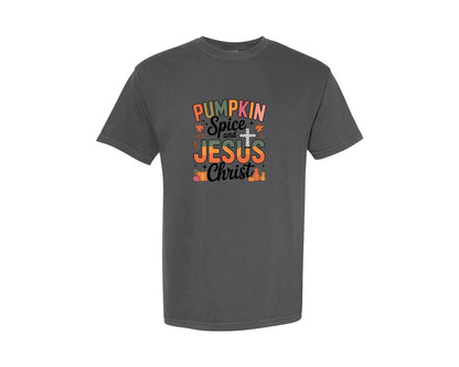 brand:Comfort Colors|color:Pepper|Pumpkin Spice And Jesus Christ Desig Graphic T-Shirt