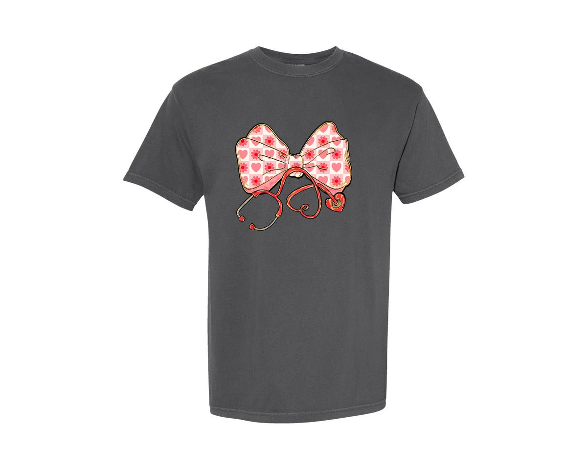 brand:Comfort Colors|color:Pepper|Valentine Nurse Stethoscope Bow Heart Graphic T-Shirt