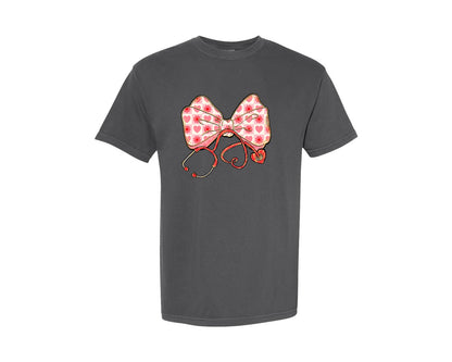 brand:Comfort Colors|color:Pepper|Valentine Nurse Stethoscope Bow Heart Graphic T-Shirt