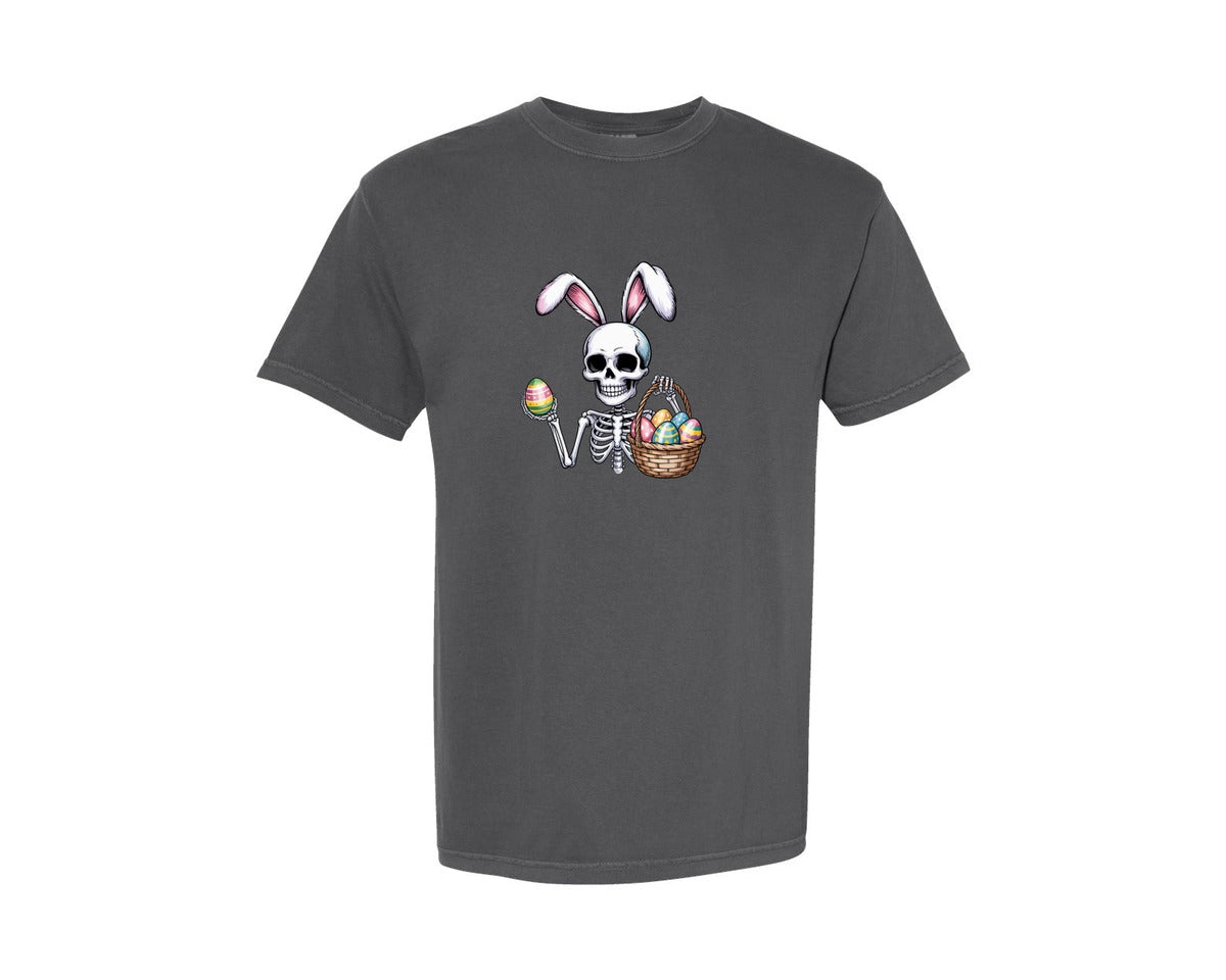 brand:Comfort Colors|color:Pepper|Funny Skeleton Easter Bunny Graphic T-Shirt