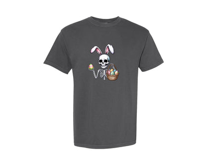 brand:Comfort Colors|color:Pepper|Funny Skeleton Easter Bunny Graphic T-Shirt