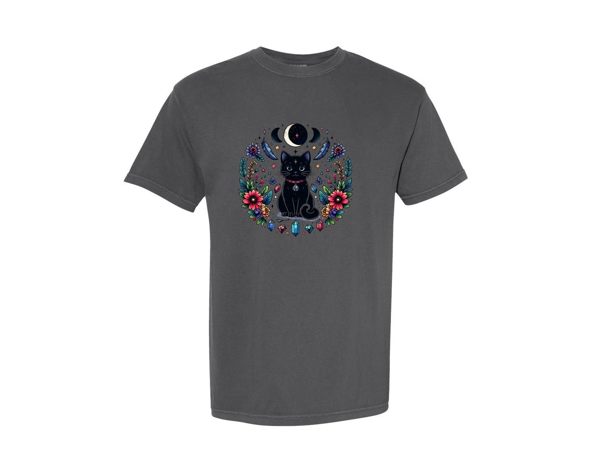 brand:Comfort Colors|color:Pepper|Moon Phases Crystal Witchy Cut Cat Graphic T-Shirt