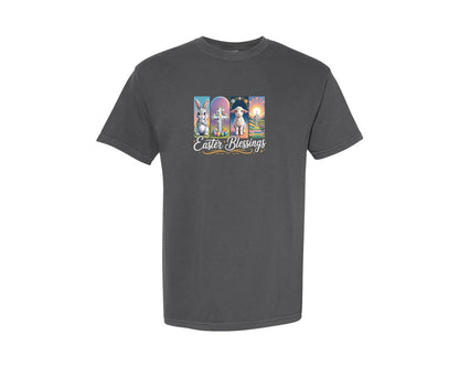 brand:Comfort Colors|color:Pepper|Easter Blessings Bunny Cross Graphic T-Shirt