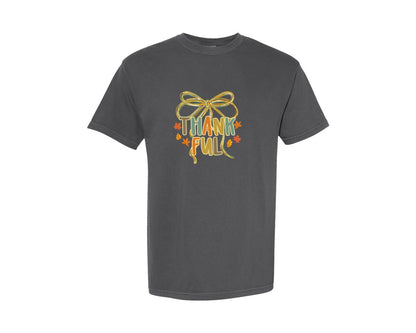 brand:Comfort Colors|color:Pepper|Thankful Fall Coquette Bow Graphic T-Shirt
