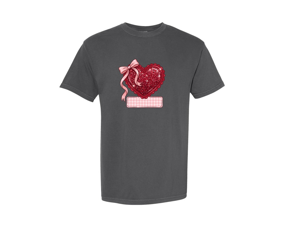 brand:Comfort Colors|color:Pepper|Glitter Valentine Heart With Bow Graphic T-Shirt