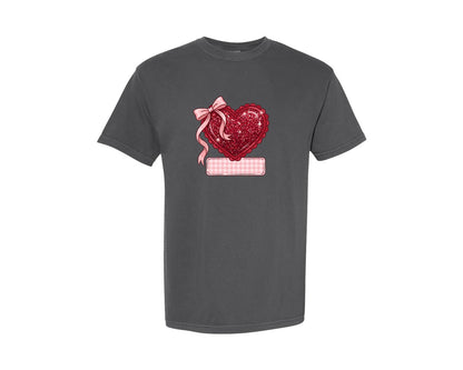 brand:Comfort Colors|color:Pepper|Glitter Valentine Heart With Bow Graphic T-Shirt