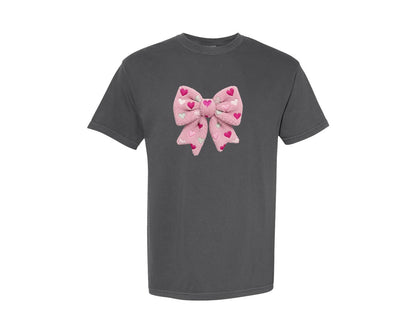 brand:Comfort Colors|color:Pepper|Cute Pink Valentin Yarn Coquette Bow Graphic T-Shirt
