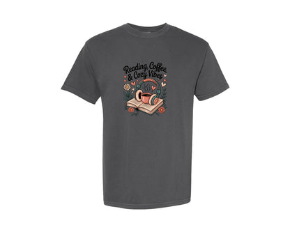 brand:Comfort Colors|color:Pepper|Reading Coffee And Cozy Vibes Fall Shirt Graphic T-Shirt