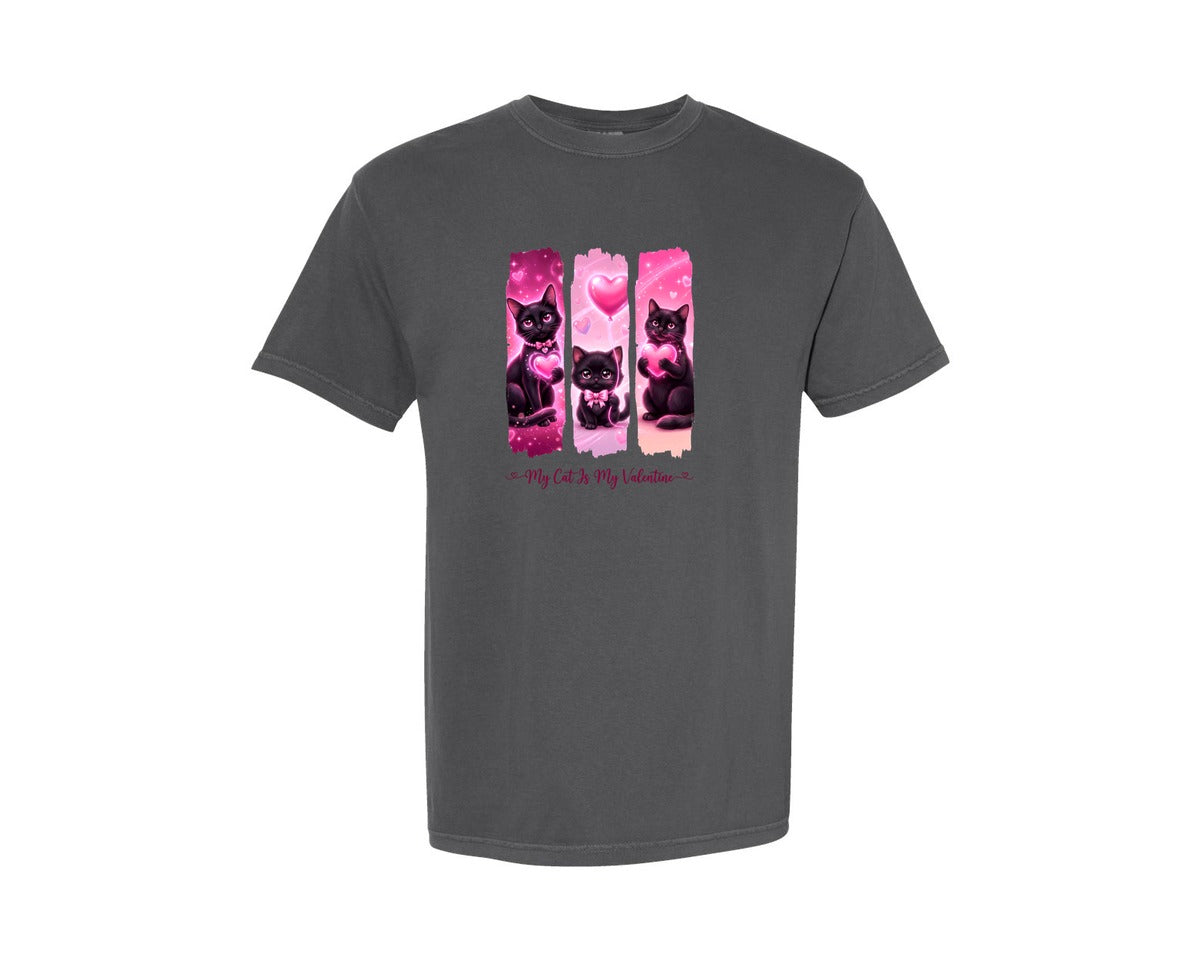 brand:Comfort Colors|color:Pepper|Black Cat Valentine Brush Stroke Art Graphic T-Shirt